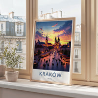 Krakow Poland skyline wall art, sunset cityscape print, travel decor, European city illustration, architecture poster