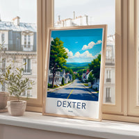 Dexter Maine travel poster, scenic town wall art, landscape city print, vintage style home decor, New England illustration