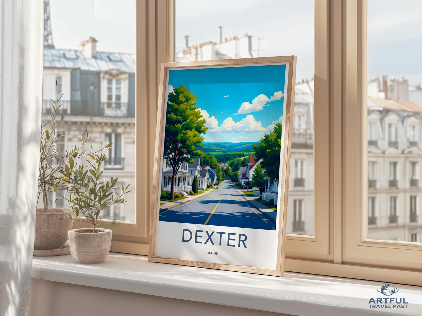 Dexter Maine travel poster, scenic town wall art, landscape city print, vintage style home decor, New England illustration