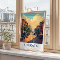 Kolkata India Travel Poster, City Street Art Print, Vintage Cityscape Wall Decor, Urban Landscape Illustration, Home Office Decor