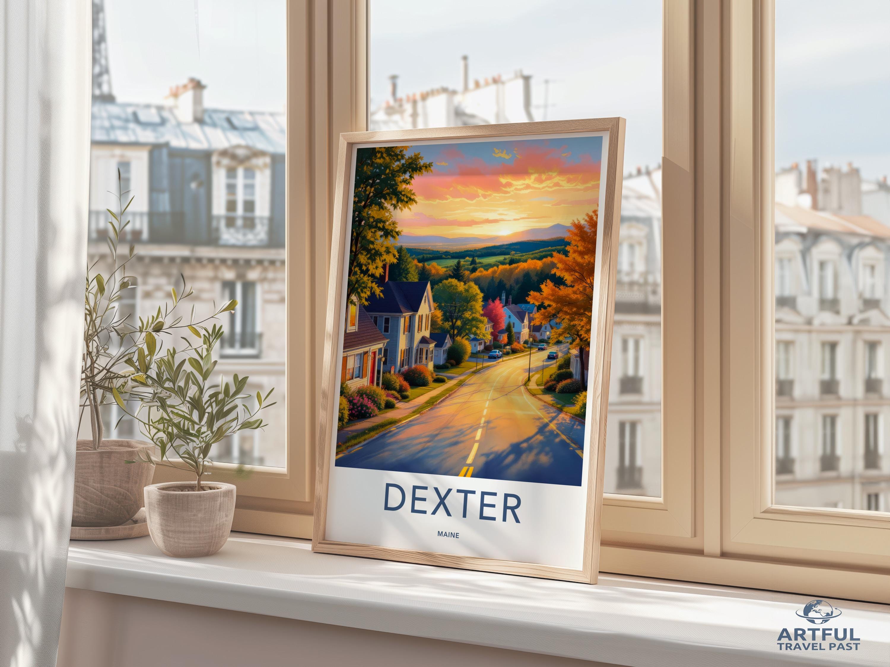 Dexter Maine Travel Poster Print, Vintage Style Wall Art, Sunset Scenic Landscape, USA Travel Decor, Gift for Travelers