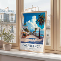 Casablanca travel poster, Morocco art print, vibrant wall decor, coastal cityscape, artistic home decor, vintage-style print