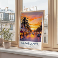 Casablanca Travel Poster, Morocco Sunset Cityscape Print, Vintage Wall Art, Home Decor, Coastal Street Scene, Gift for Travelers