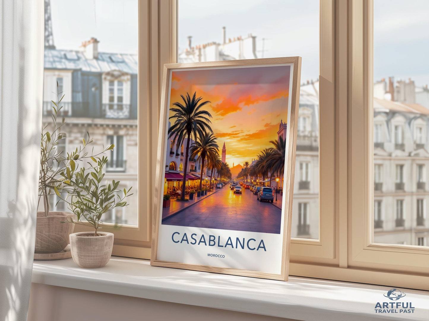 Casablanca Travel Poster, Morocco Sunset Cityscape Print, Vintage Wall Art, Home Decor, Coastal Street Scene, Gift for Travelers