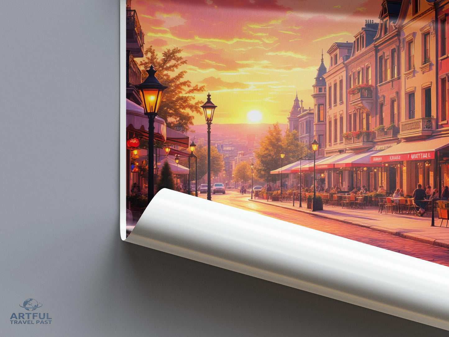 European Street Sunset Wall Art, City Evening Decor, Urban Landscape Print, Romantic Street Scene, Sunset Cityscape, Artful Travel Past
