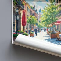 Town street mural art print, colorful cityscape wall decor, urban street view poster, vibrant town center artwork, cafe street painting