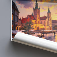 European cityscape sunset art print, historic architecture wall decor, travel destination poster, city skyline illustration, gift idea
