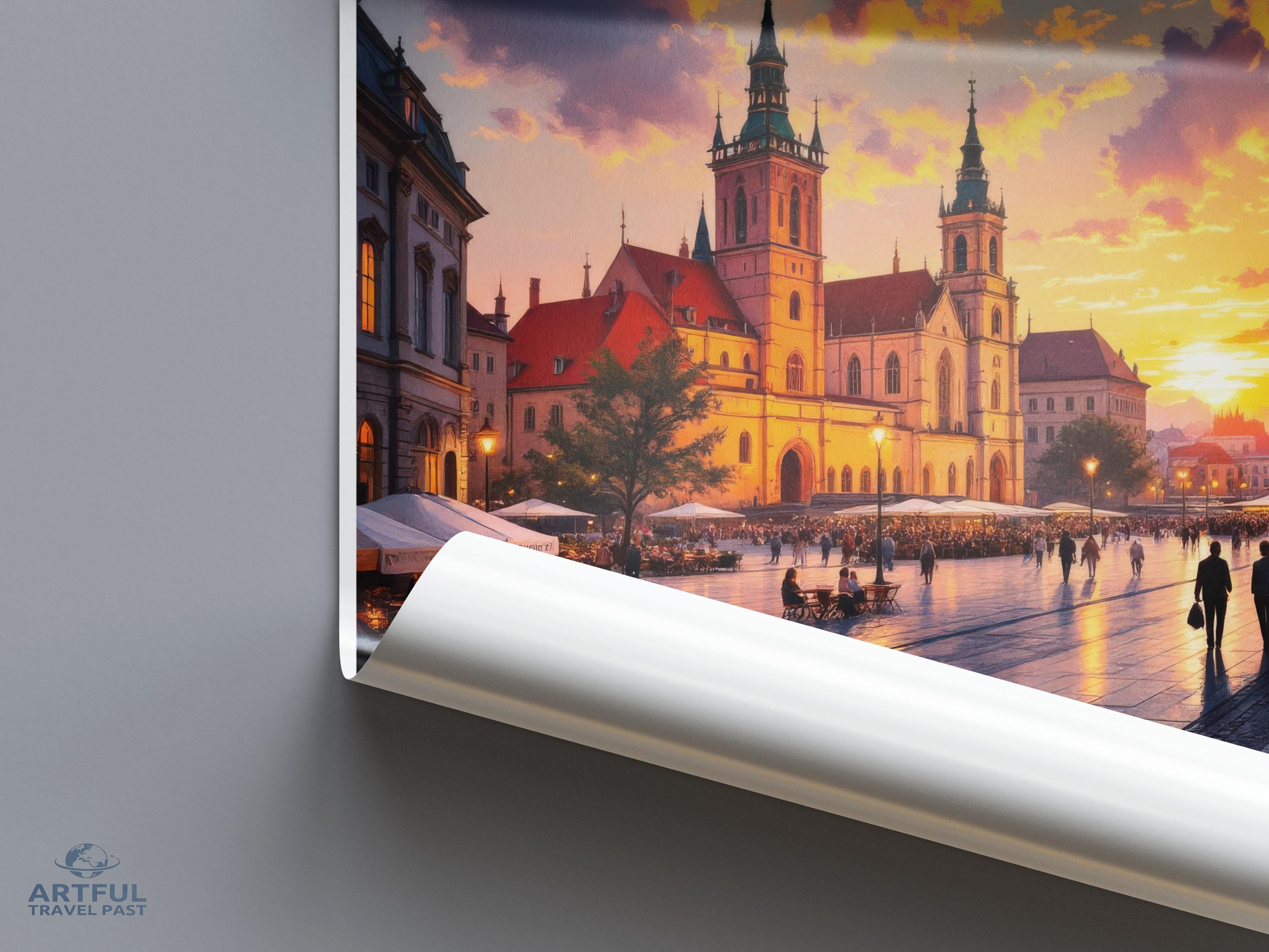 European cityscape sunset art print, historic architecture wall decor, travel destination poster, city skyline illustration, gift idea