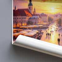 Cityscape Wall Art Sunset Print, Vibrant Town Square Poster, European City Skyline Art, Large Scenic View, Home Decor