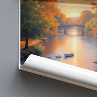 Scenic River Sunset Wall Art, Calm River Morning Poster, Serene Waterscape Print, Relaxing Autumn Landscape, Bridge Over River Decor