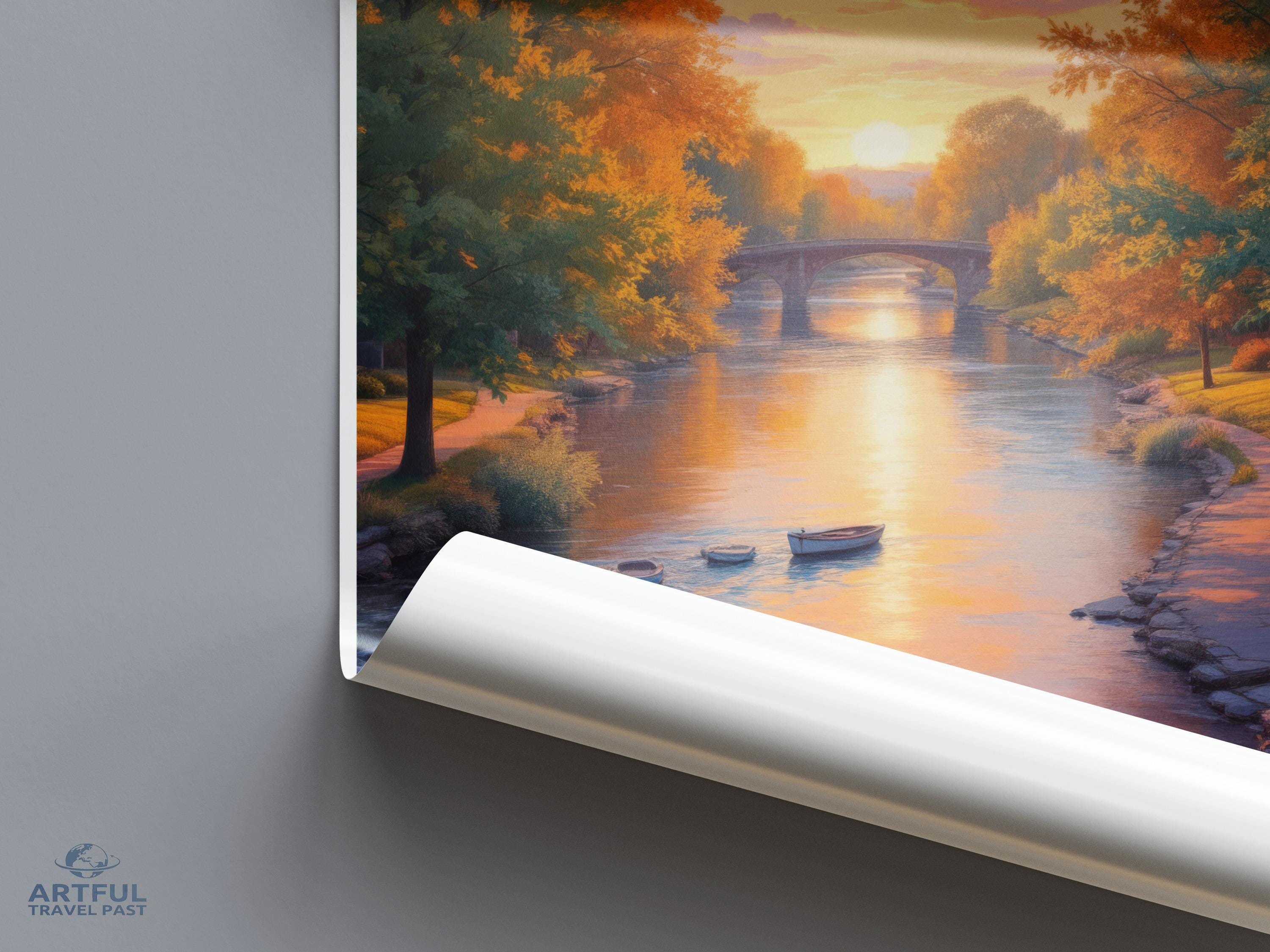 Scenic River Sunset Wall Art, Calm River Morning Poster, Serene Waterscape Print, Relaxing Autumn Landscape, Bridge Over River Decor