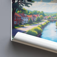 Peaceful Village Stream Poster, Scenic Landscape Wall Art, Quaint River View Print, Tranquil Town Decor, Nature Illustration