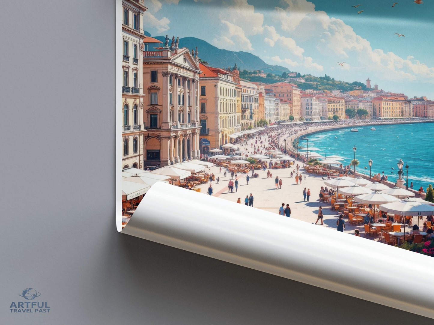 Mediterranean Coastal City Print, Scenic Seaside Artwork, Beachfront Architecture Poster, Ocean View Wall Art, Travel Destination Decor