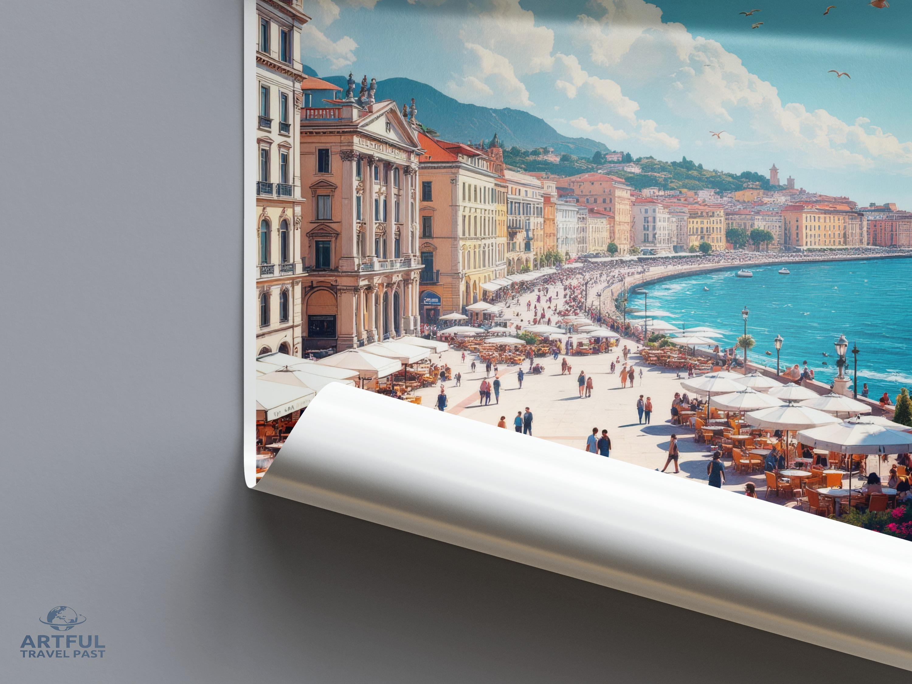 Mediterranean Coastal City Print, Scenic Seaside Artwork, Beachfront Architecture Poster, Ocean View Wall Art, Travel Destination Decor