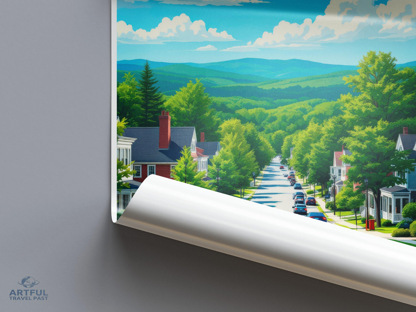 Scenic Mountain Town Poster, Nature Landscape Wall Art, Retro Travel Print, Vibrant Home Decor, Vintage Poster, Serene Wall Art Decor