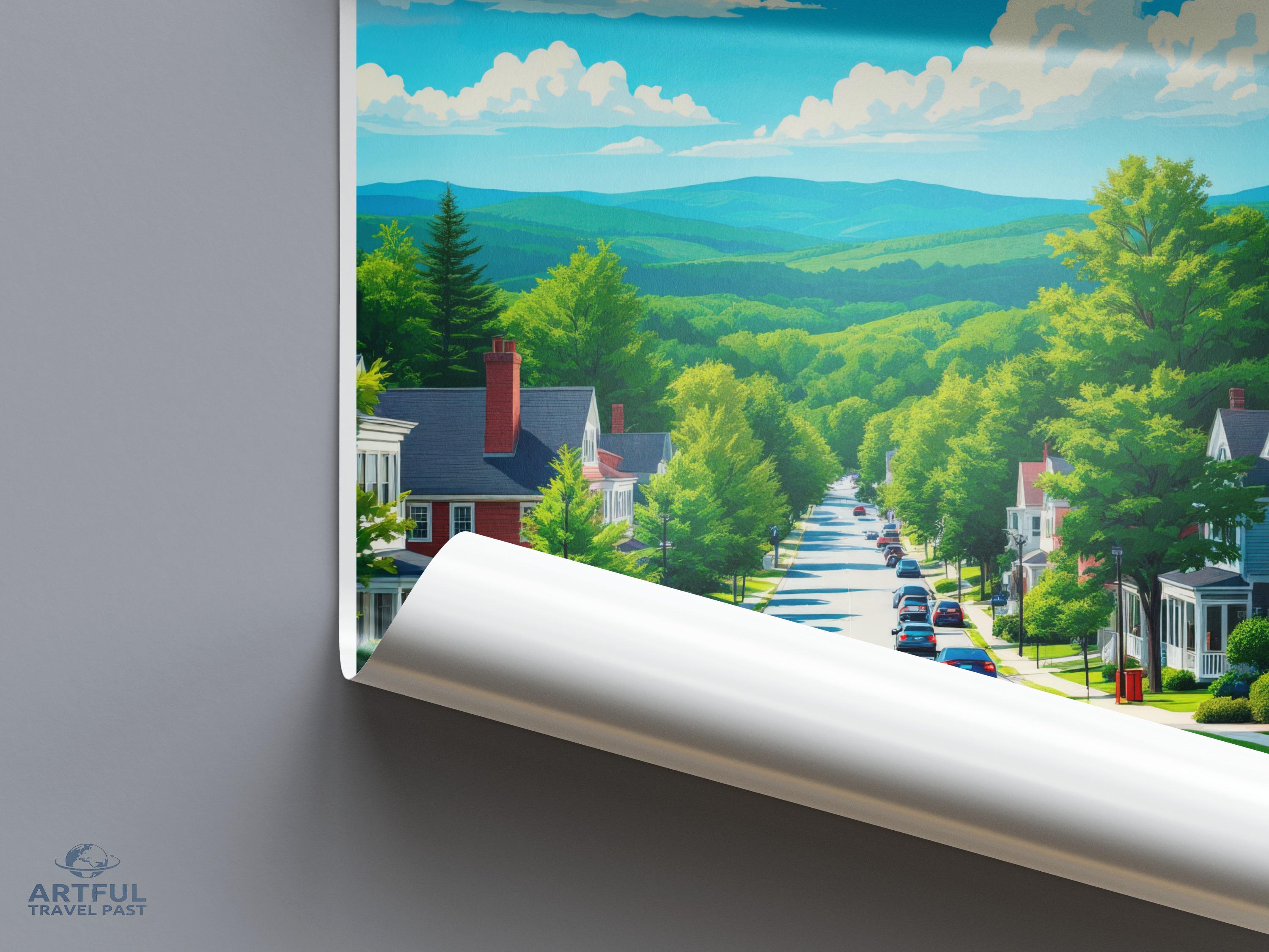 Scenic Mountain Town Poster, Nature Landscape Wall Art, Retro Travel Print, Vibrant Home Decor, Vintage Poster, Serene Wall Art Decor