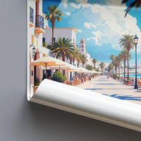 Mediterranean Beach Street Poster, Coastal Cityscape Wall Art, Seaside Promenade Decor, Sunny Day Illustration Print