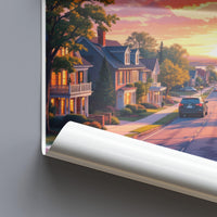 Sunset Scenic Neighborhood Art Print, Street View Landscape Wall Decor, Charming Residential Homes, Serene Evening Poster