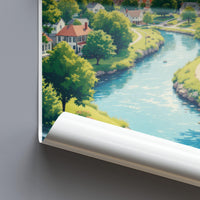 Scenic River Village Art Poster, Tranquil Nature Wall Art, Serene Landscape Print, Peaceful Country Town Decor, Calm Water Artwork