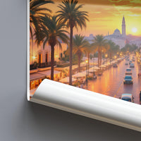 Sunset Cityscape Wall Art, Palm Tree Street Scene Poster, Mediterranean Evening Print, Downtown View Decor, Urban Landscape