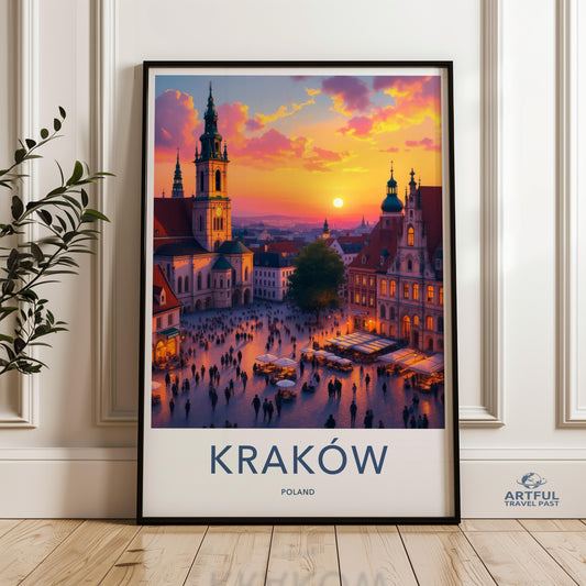 Krakow cityscape print, Poland travel poster Krakow, European city wall art, Krakow skyline decor, Krakow souvenir art