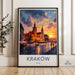 Krakow Poland travel poster print, European city nightscape wall art, Modern home decor, Unique gift idea, Krakow city scenery photo