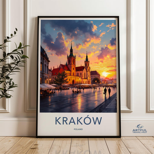 Krakow Poland travel poster print, European city nightscape wall art, Modern home decor, Unique gift idea, Krakow city scenery photo