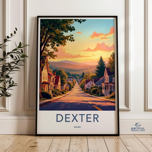 Dexter Maine Sunset Cityscape Wall Art Print, Vintage Travel Poster, Retro Home Decor, Colorful Landscape Illustration, Artistic Street