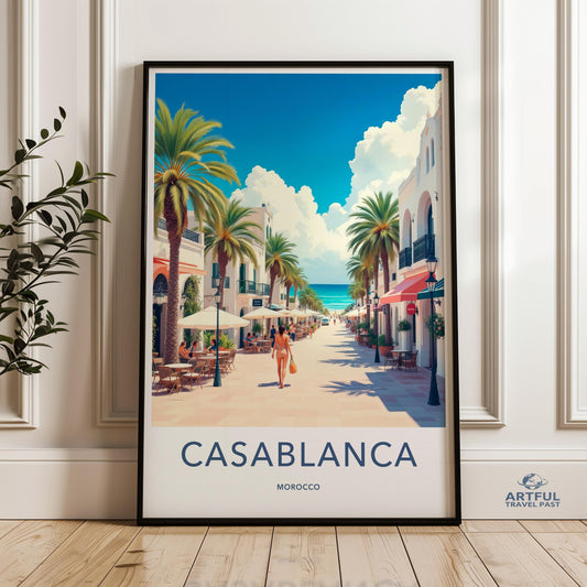 Casablanca Morocco Wall Art, Travel Poster Print, Vintage Style Home Decor, Beachside Street Scene, Colorful Cityscape Art