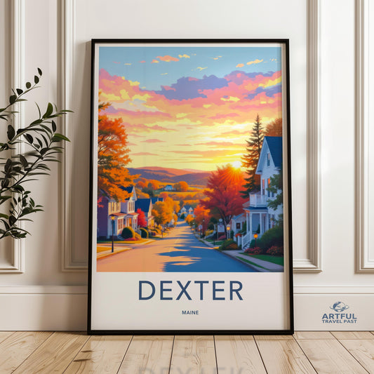 Colorful Dexter Maine Wall Art, Retro Travel Poster, Vintage Style Home Decor, Scenic Town Illustration, Autumn Landscape Artwork