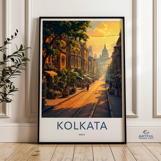 Kolkata Sunset Cityscape Wall Art, India Travel Poster, Kolkata Street Railway Print, Vintage City Travel Decor, Kolkata Art Print