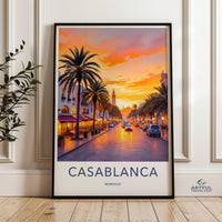 Casablanca Wall Art Print, Sunset Cityscape Poster, Modern Travel Decor, Moroccan Street Scene Art, Vibrant Urban Landscape