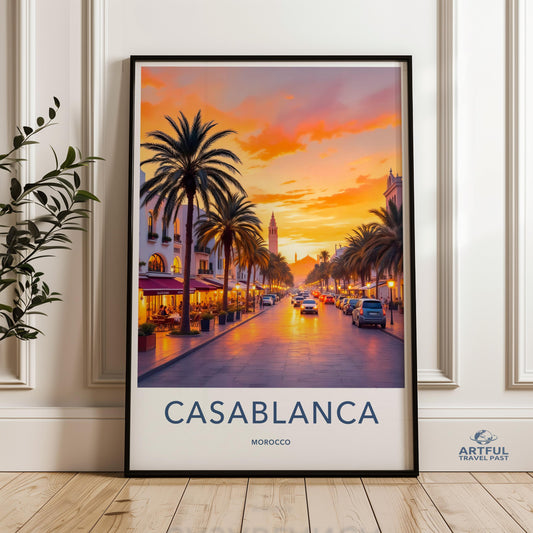 Casablanca Wall Art Print, Sunset Cityscape Poster, Modern Travel Decor, Moroccan Street Scene Art, Vibrant Urban Landscape
