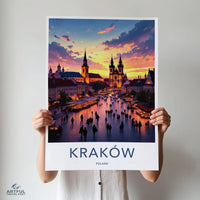 Krakow Poland Travel Art Print, European Cityscape Wall Decor, Sunset Skyline Poster, Historic Architecture Artwork