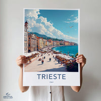 Italian City Wall Art Print, Trieste Cityscape Poster, Italy Travel Decor, Coastal Town Illustration, Mediterranean Seaside Art
