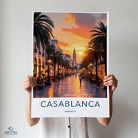 Casablanca Morocco Travel Poster, Sunset Cityscape Wall Art, Moroccan Print, Scenic Travel Destination, Home Decor Print