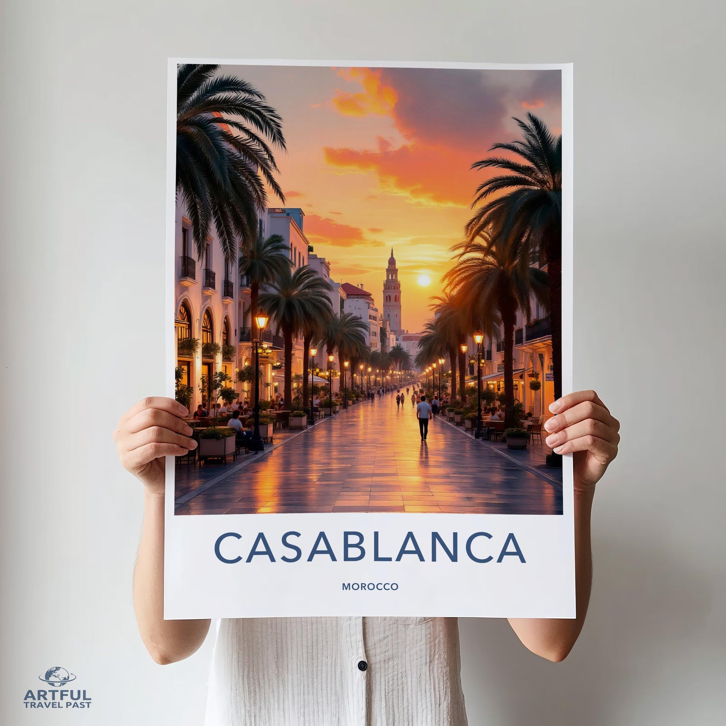 Casablanca Morocco Travel Poster, Sunset Cityscape Wall Art, Moroccan Print, Scenic Travel Destination, Home Decor Print