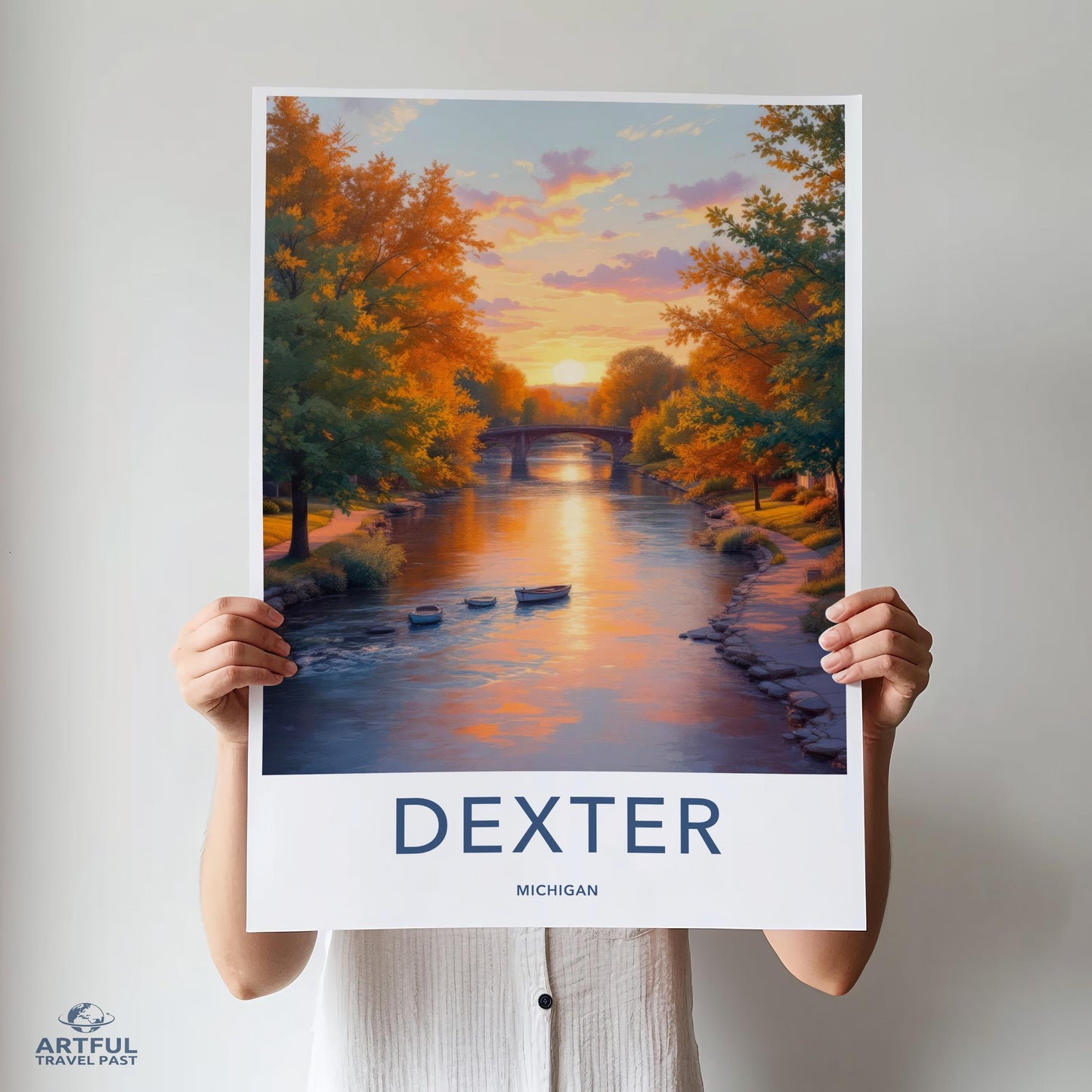 Sunset River Art Print, Michigan Dexter Wall Art, Autumn Landscape Poster, Tranquil Nature Scene, Fall Season Decor