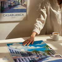 Casablanca travel poster, Moroccan wall art, Scenic city print, Vintage tourism decor, Artful wanderlust, Architecture illustration