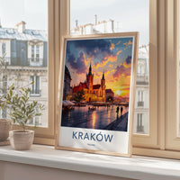Krakow city skyline poster, vibrant travel print, cityscape wall art, Polish architecture decor, European city artwork, sunset view
