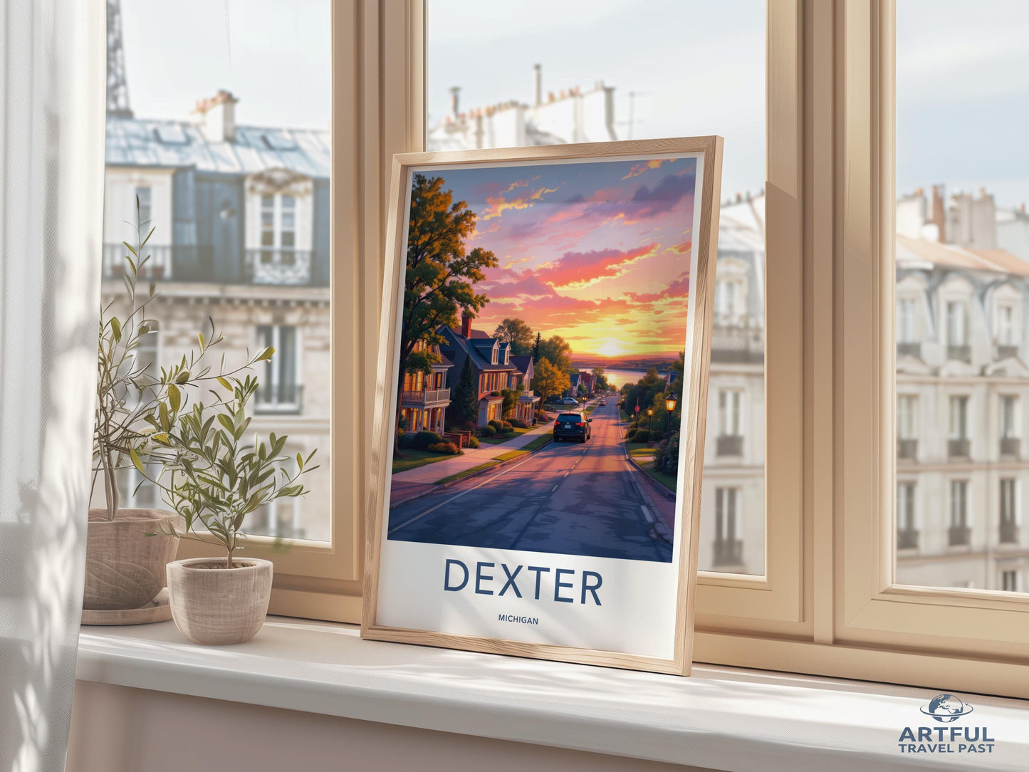 Dexter Michigan Travel Poster, Sunset Street Art Print, Cityscape Wall Decor, Modern Home Decoration, Framed Poster for Living Room