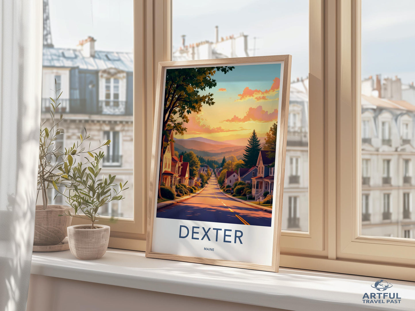 Dexter Maine travel poster, vintage landscape wall art, scenic countryside decor, retro cityscape print, framed artwork