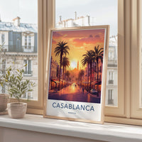 Casablanca Morocco Travel Poster, City Sunset Art Print, Vintage Aesthetic Wall Decor, Urban Landscape Artwork, Home Office Decoration