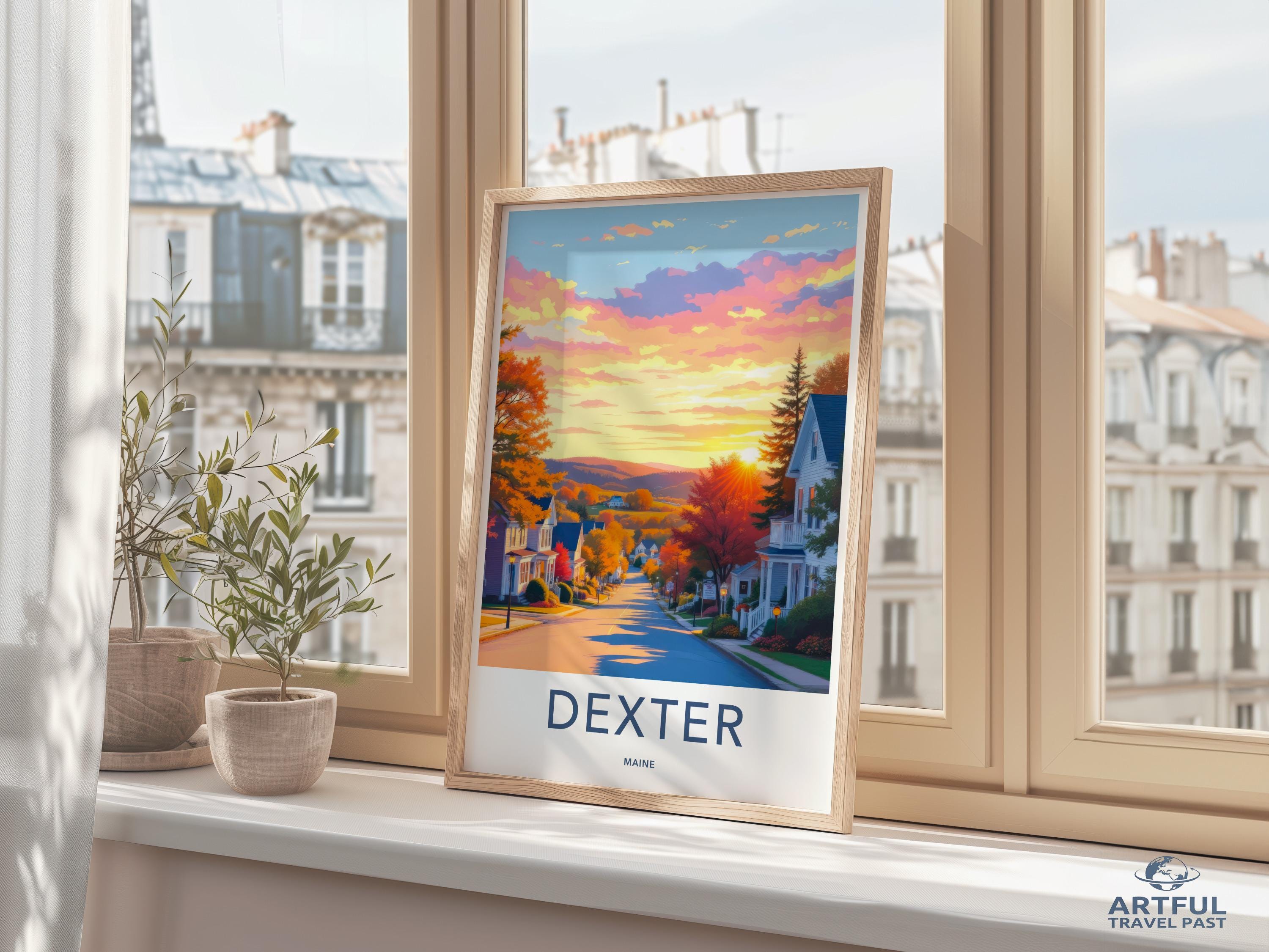 Dexter Maine Travel Poster, Colorful Sunset Print, Vintage Art, Retro Wall Decor, Beautiful Landscape Artwork, Home Decoration