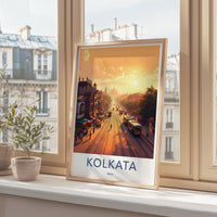 Kolkata Sunset Cityscape Art, Vintage Travel Poster, Urban Street Scene Wall Decor, City Art Print, Framed Home Office Decor