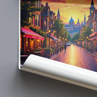 European street scene at sunset, vibrant cityscape wall art, colorful sunset boulevard print, picturesque urban decor
