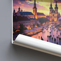 Cityscape art print, sunset city poster, European city wall decor, downtown skyline artwork, architectural sunset print