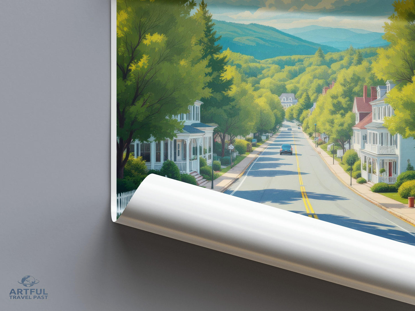 Vintage small town street print, countryside art decor, scenic neighborhood poster, charming village wall art, home decoration