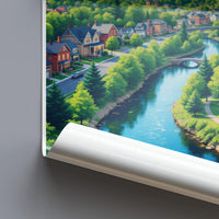 Vibrant River Landscape Poster, Scenic Wall Art, Cozy Village Print, Artwork for Home Decor, Colorful Nature Illustration, Artful Travel