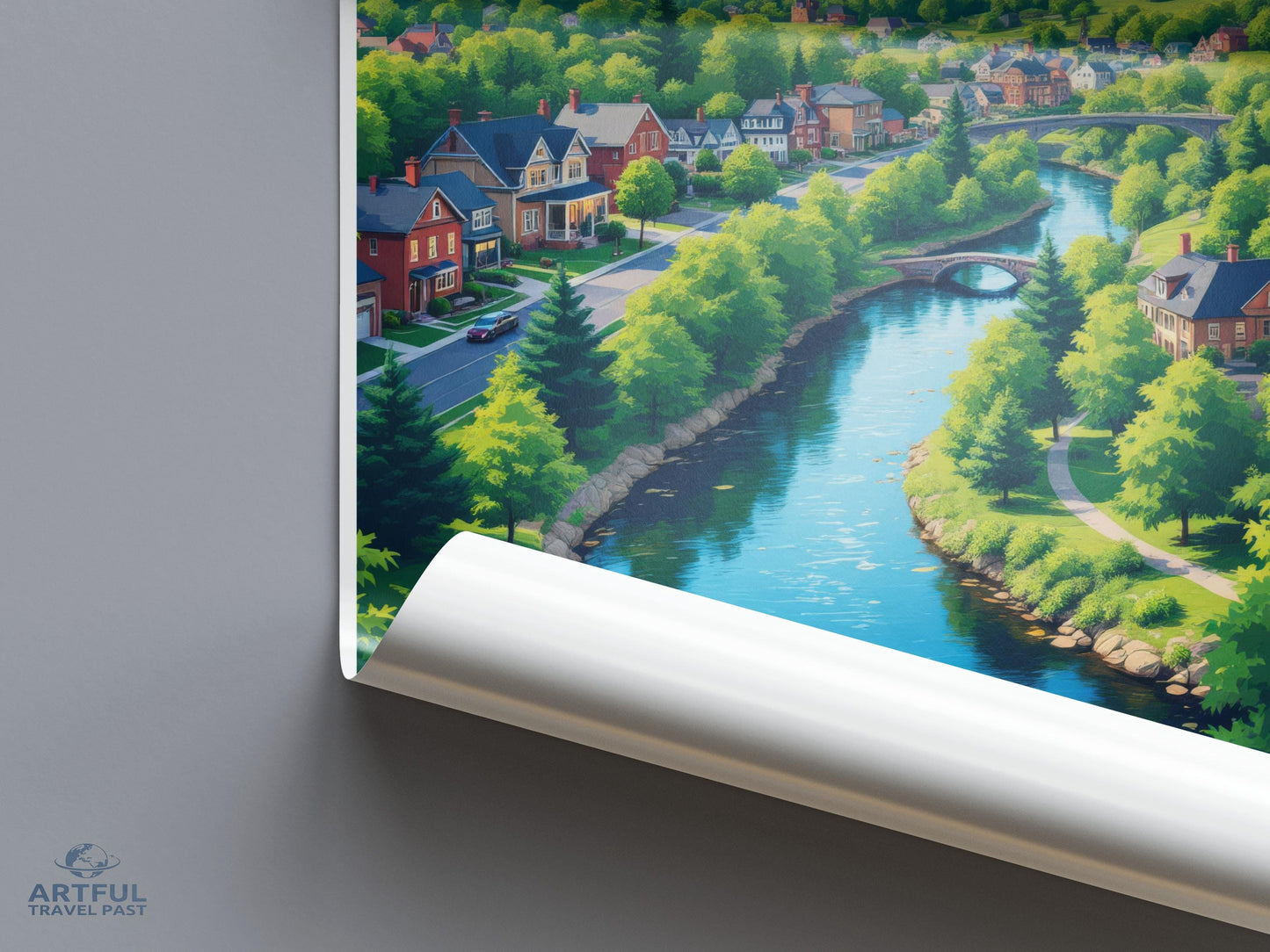 Vibrant River Landscape Poster, Scenic Wall Art, Cozy Village Print, Artwork for Home Decor, Colorful Nature Illustration, Artful Travel